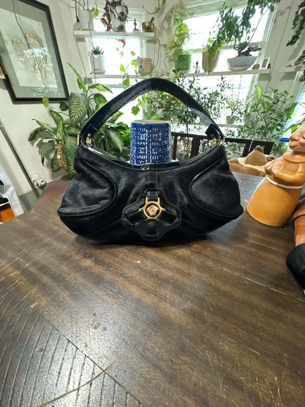 Versace Black Pony Hair And Patent Leather Hobo Handbag